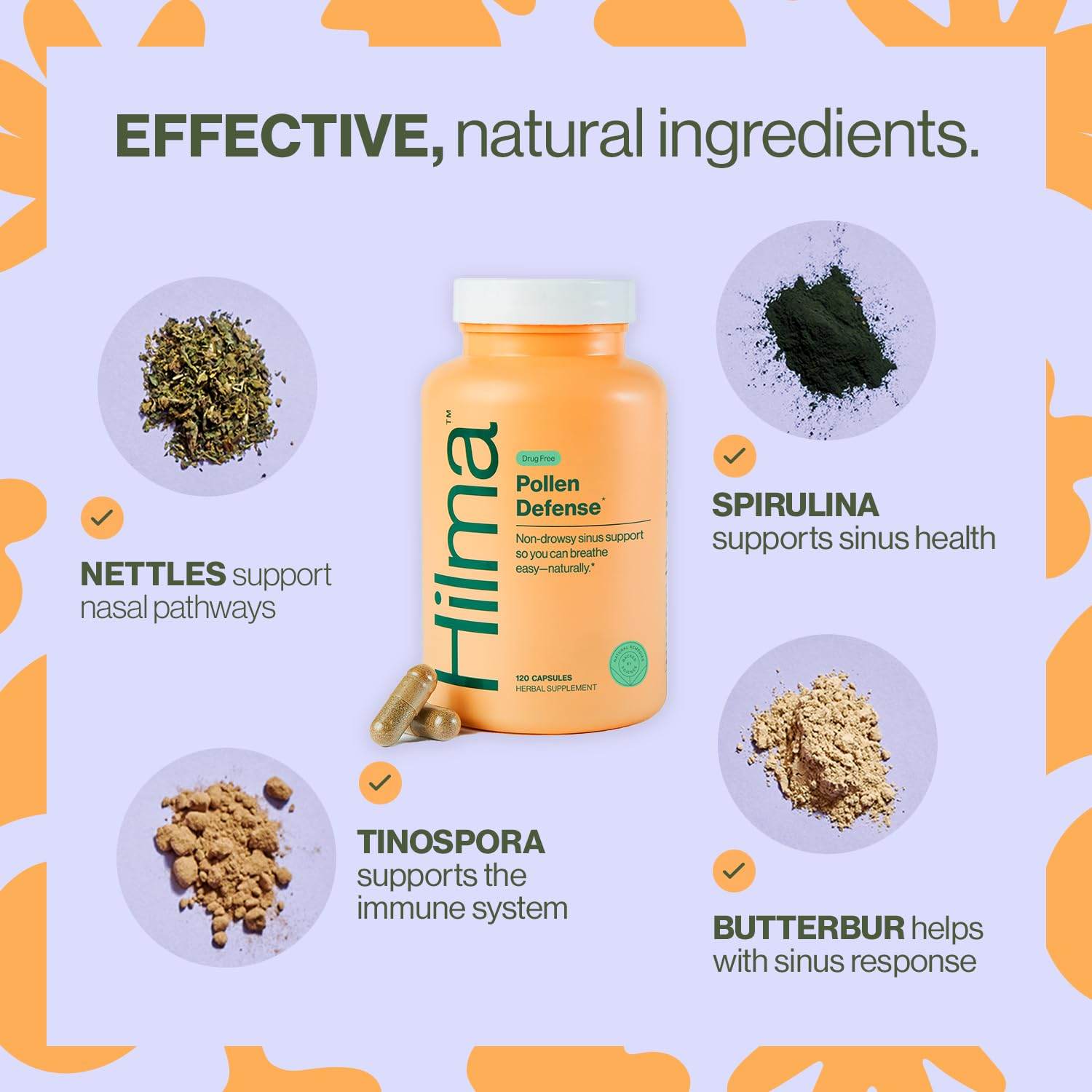Hilma Natural Sinus Support – All Day Allergy & Sinus Relief from Pollen & Dust w/Butterbur, Stinging Nettles & Spirulina - Non-Drowsy - Organic, Clinically Proven Ingredients - 120 Vegan Capsules - zenfulharmony.com