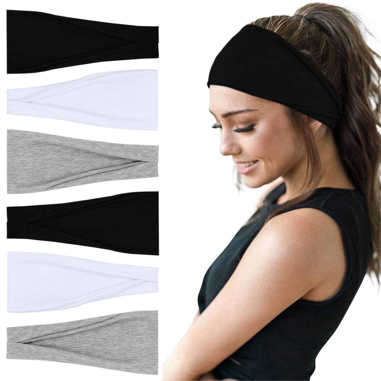 Fashion Headbands For Women Wide Headband Yoga Workout Head Bands Hair Accessories Band Black White Gray 6 Pack - zenfulharmony.com