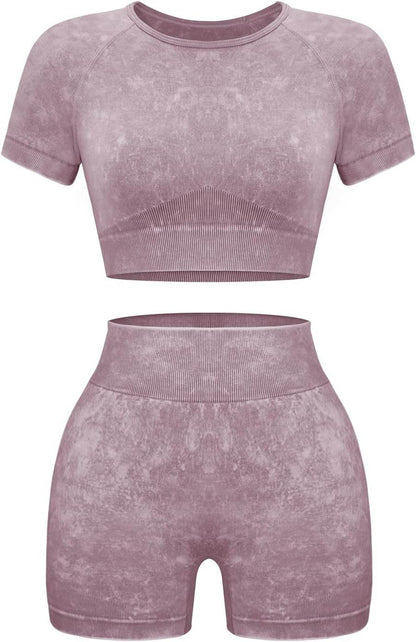 OLCHEE Womens Workout Sets 2 Piece - Seamless Acid Wash Yoga Outfits Shorts and Crop Top Matching Gym Athletic Clothing Set - zenfulharmony.com