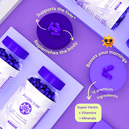 purple tree Post-Celebration Wellness | Liver Support, Body Replenisher, Rapid Hydration | Dihydromyricetin DHM, Milk Thistle, Electrolytes, Vitamin B, Willow Bark, Quercetin (90 Pills) - zenfulharmony.com
