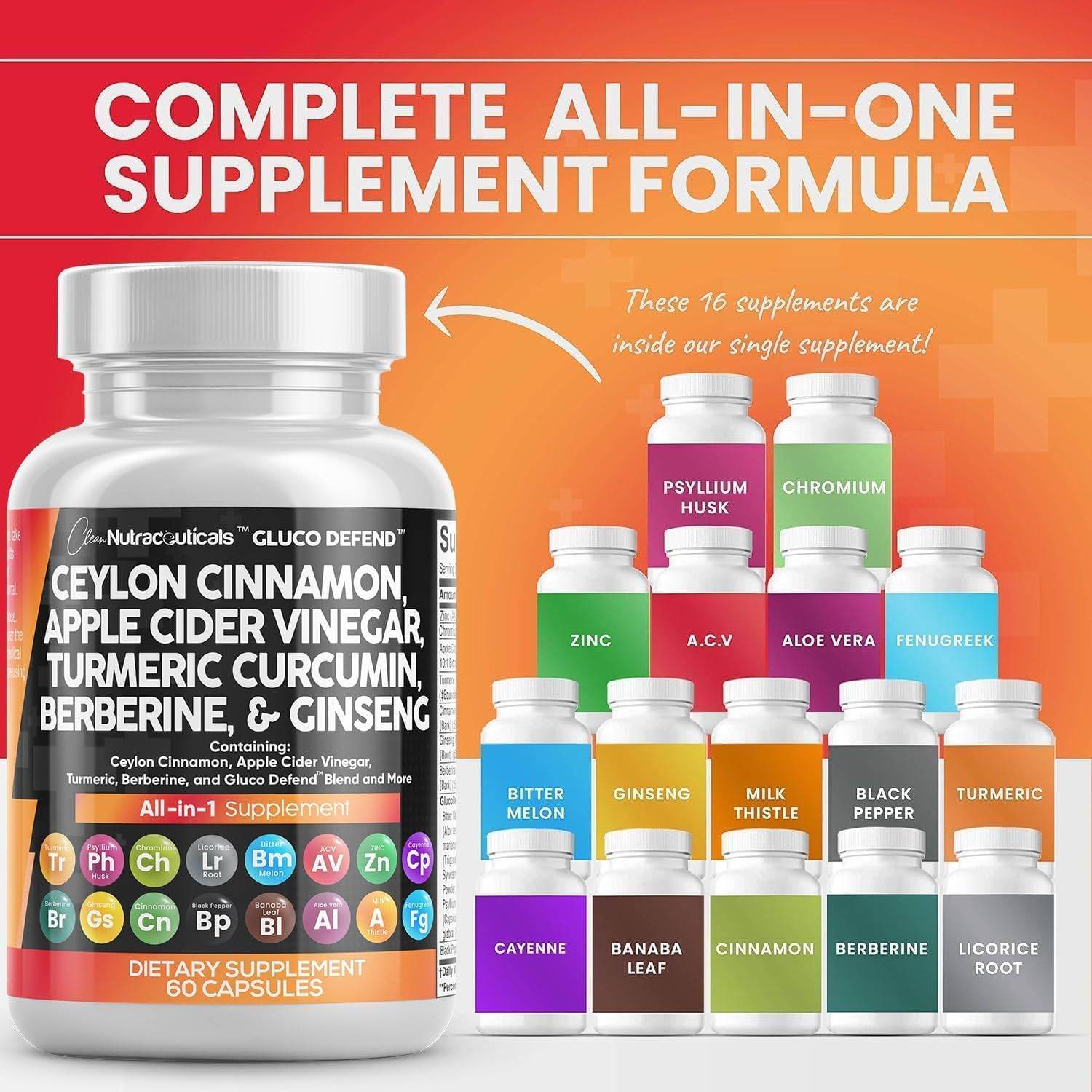 Clean Nutraceuticals Ceylon Cinnamon 3000mg Turmeric 3000mg Apple Cider Vinegar 3000mg Ginseng 2000mg Berberine 1200mg Plus Bitter Melon Gymnema Milk Thistle Fenugreek - zenfulharmony.com
