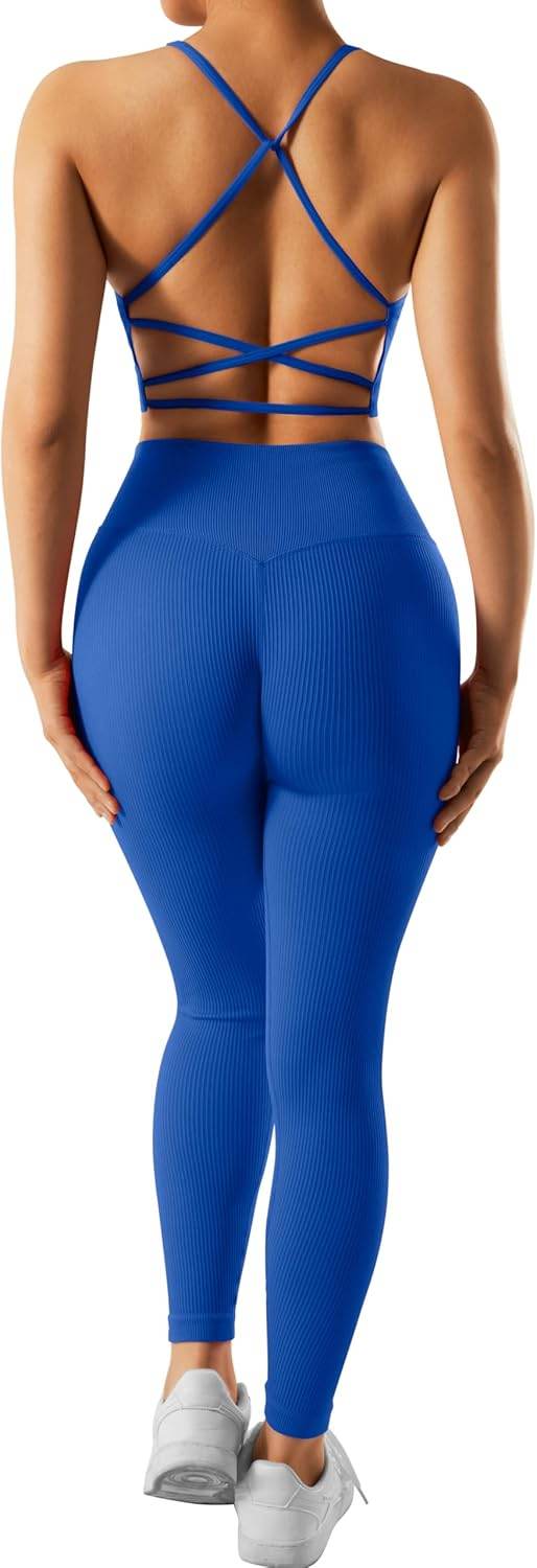 RXRXCOCO Ribbed Workout Sets for Women 2 Piece Backless Strappy Sports Bra Seamless Leggings Matching Set Yoga Outfits - zenfulharmony.com