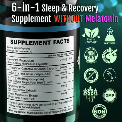 Vitality Labs Natural Sleep Aid Supplement for Adults Without Melatonin - Non-Habit Forming Herbal Sleep - GABA, L-Theanine, Reishi Mushroom, Apigenin, Magnesium Glycinate, 5-HTP - 90 Vegan Capsules - zenfulharmony.com