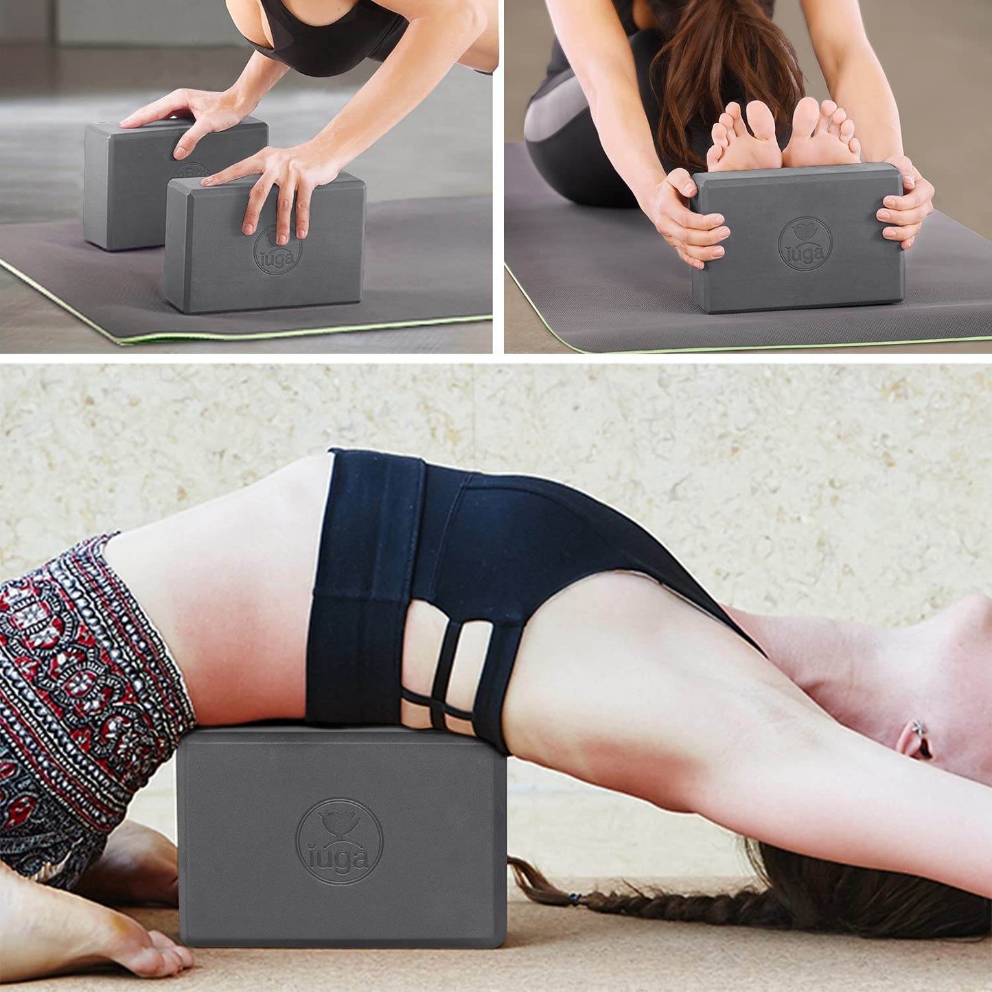 IUGA Yoga Block 2 Pack with Yoga Strap, High Density Yoga Blocks 9”x6”x3”to Improve Strength, Flexibility and Balance, Light Weight and Non-Slip Surface for Yoga, Pilates and Meditation - zenfulharmony.com