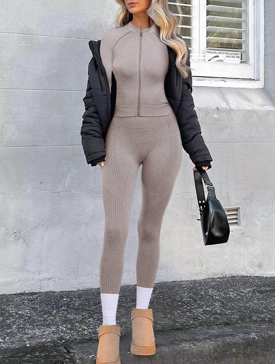 OLCHEE Womens Workout Sets 2 Piece - Seamless Yoga Outfits Long Sleeve Zipper Jacket High Waist Leggings Butt Lifting Gym Set - zenfulharmony.com