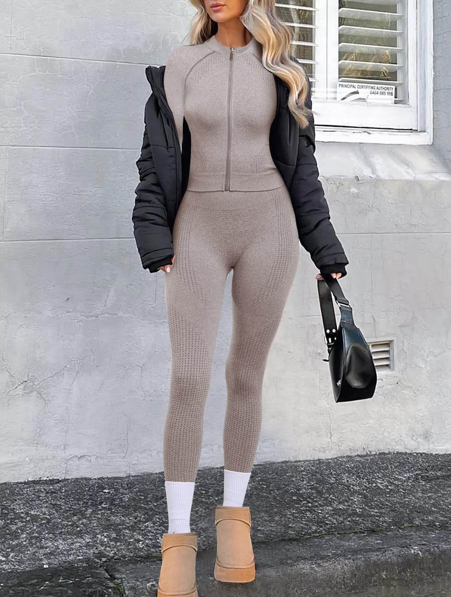 OLCHEE Womens Workout Sets 2 Piece - Seamless Yoga Outfits Long Sleeve Zipper Jacket and High Waist Leggings Butt Lifting Gym Set - Cream Medium - zenfulharmony.com