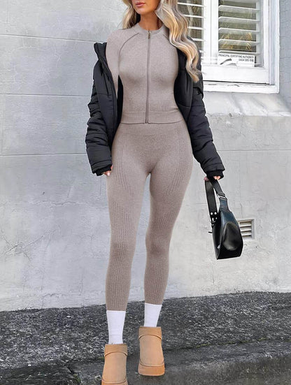 OLCHEE Womens Workout Sets 2 Piece - Seamless Yoga Outfits Long Sleeve Zipper Jacket and High Waist Leggings Butt Lifting Gym Set - Cream Medium - zenfulharmony.com