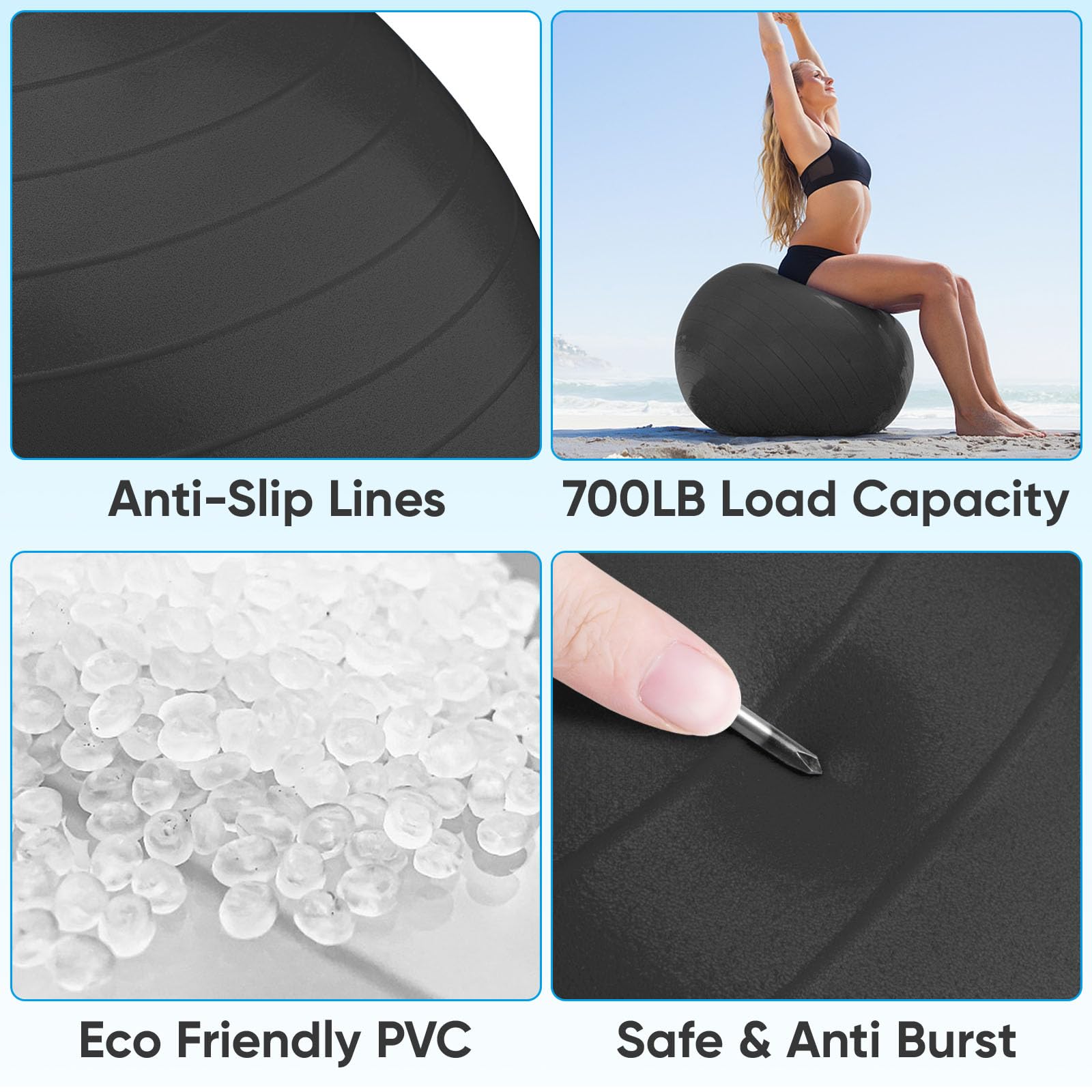 APEXUP Yoga Ball Exercise Ball, Anti Slip Stability Ball Chair, Heavy Duty Large Gym Ball for Fitness, Balance, Core Workout and Physical Therapy (L (23"~26") 65cm, Black) - zenfulharmony.com