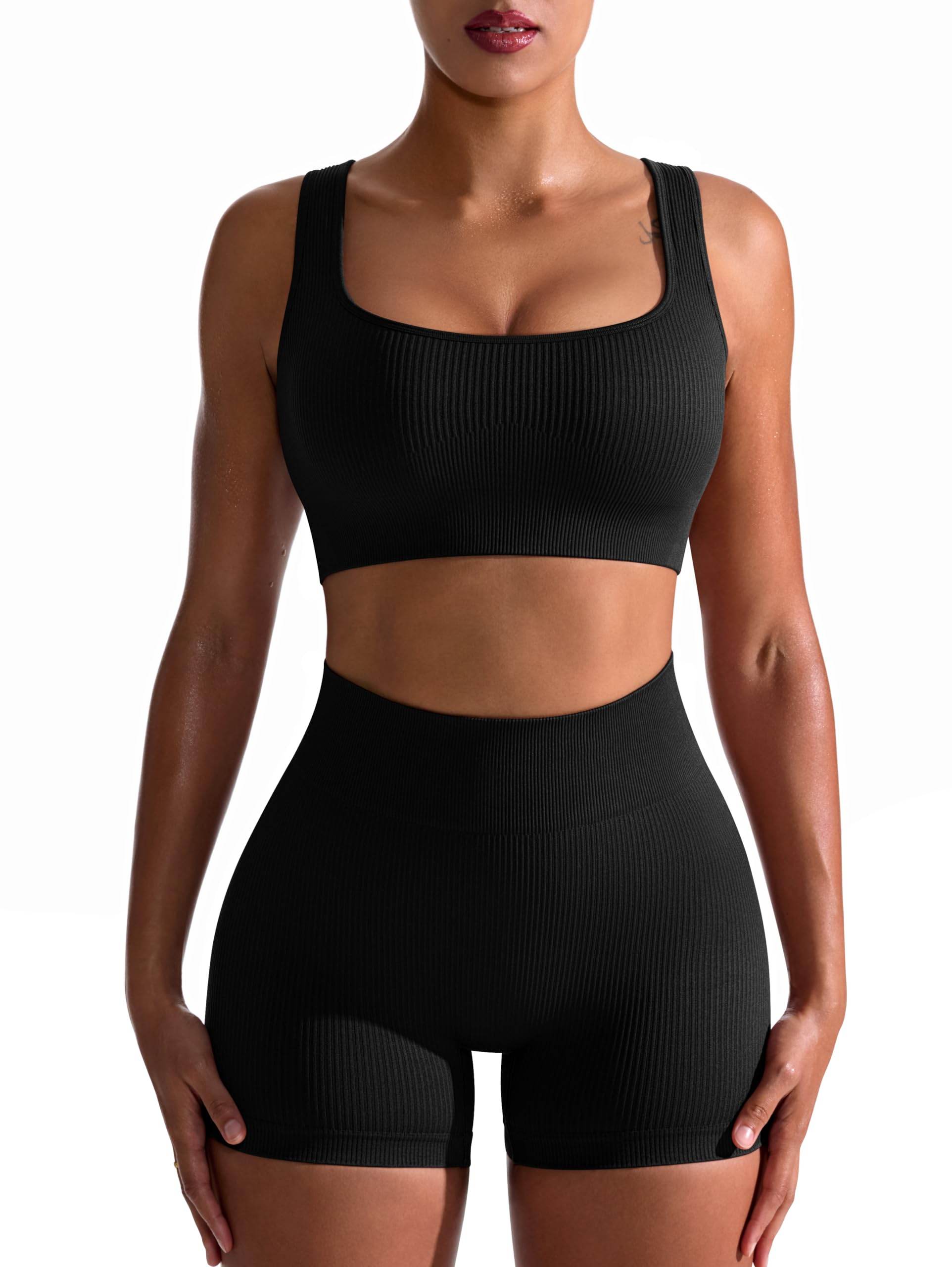 OQQ Workout Outfits For Women 2 Piece Seamless Ribbed High Waist Leggings With Sports Bra Exercise Set Black - zenfulharmony.com