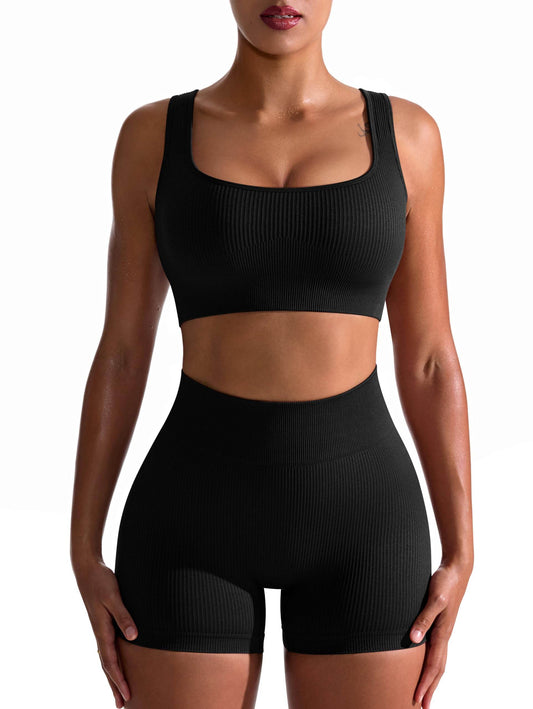 OQQ Workout Outfits For Women 2 Piece Seamless Ribbed High Waist Leggings With Sports Bra Exercise Set Black - zenfulharmony.com