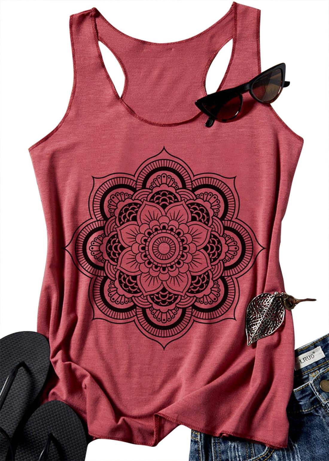 Womens Mandala Vintage Graphic Racerback Tank Tops Summer Casual Loose O-Neck Tanks Vest Vacation Classic-Fit Shirt Cami (Brick Red, Medium) - zenfulharmony.com