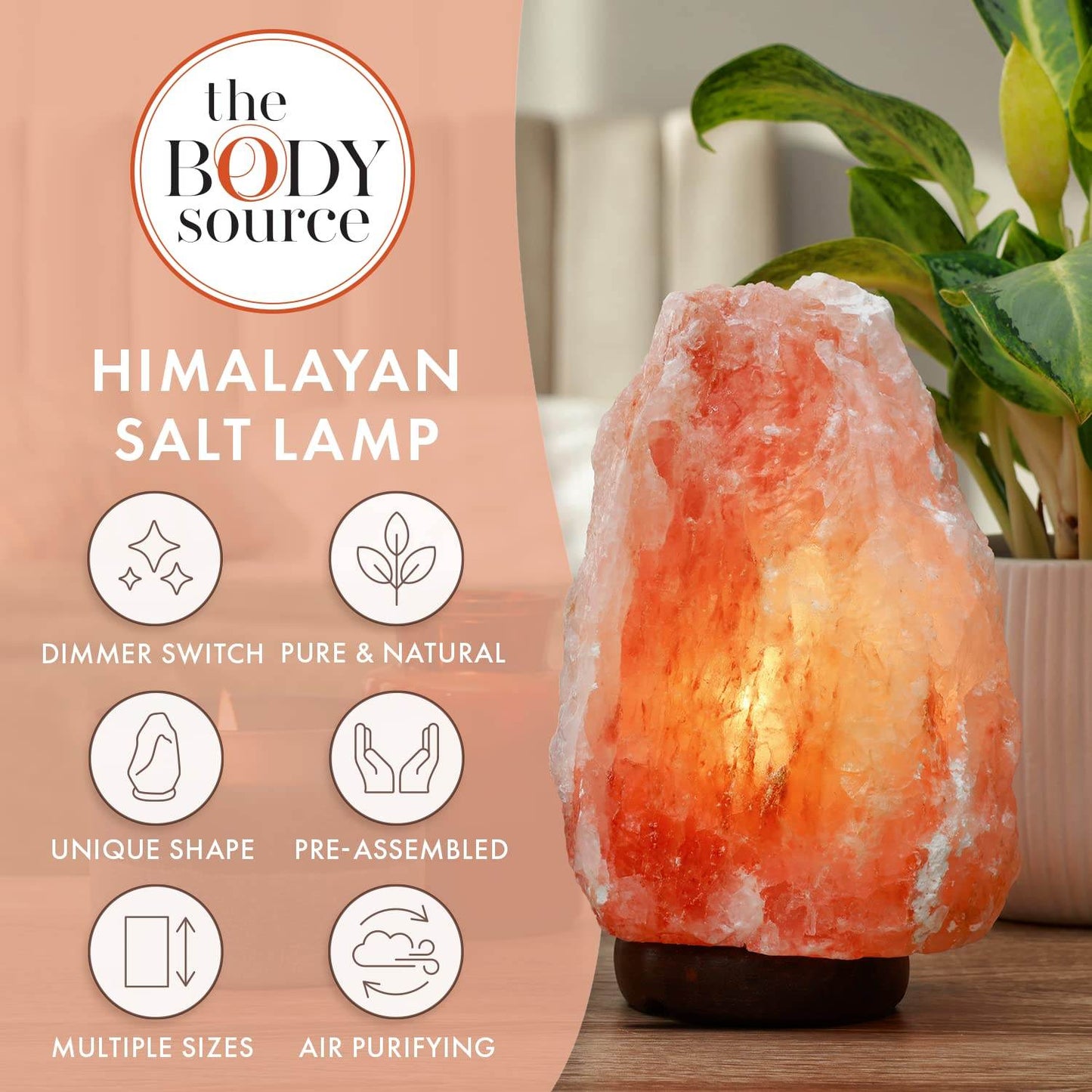 The Body Source Himalayan Salt Lamp 10-12 inches (11-15Ib), Includes Dimmer Switch and Night Light - All Natural Salt Lamp with Handcrafted Wooden Base and Light Bulb Replacement - zenfulharmony.com