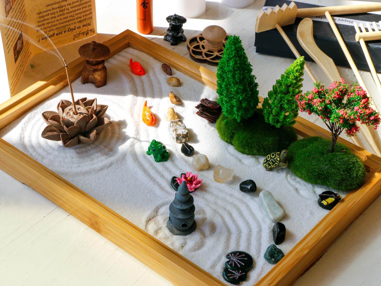Desk Zen Garden Kit - 11x7.5in Mini Rock Garden Zen Gift Set for Home Office Desk Japanese Decor, Zen Sand Garden, 7 Tools, 21 Accessories.Bamboo Sand Tray Therapy Desktop Meditation Room Gifts - zenfulharmony.com