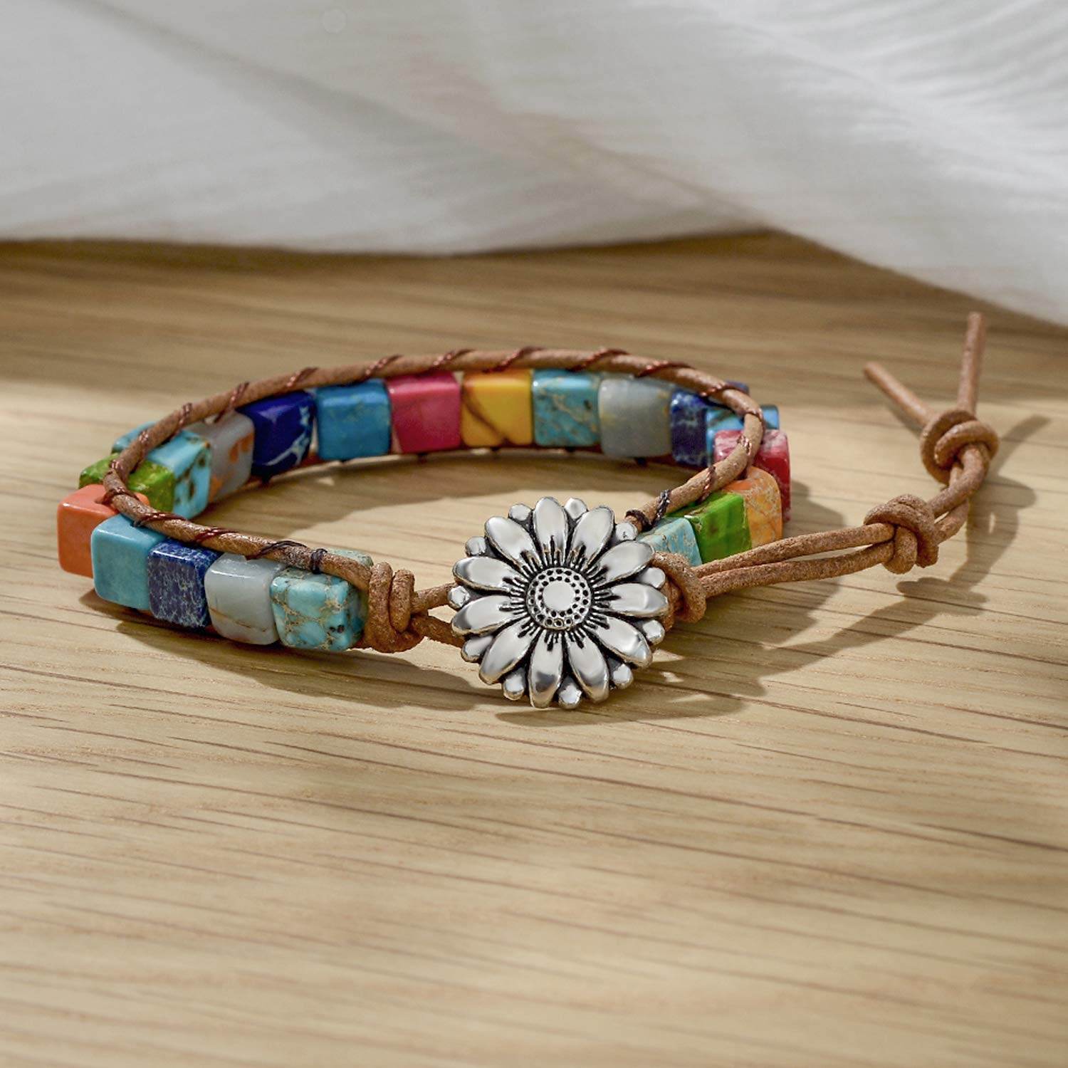 sedmart 7 Chakra Bracelets for Women with Real Stones Leather Wrap Healing Bead Bracelet Women Men Boho Friendship Jewelry… (Flower Button & Square Stone) - zenfulharmony.com