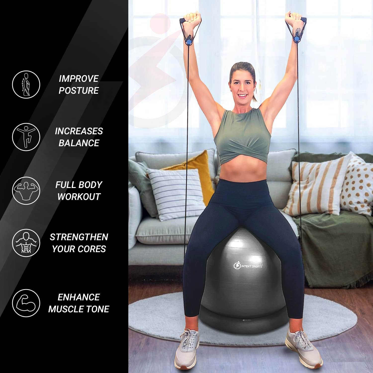 INTENT SPORTS Yoga Ball Chair – Stability Ball with Inflatable Stability Base & Resistance Bands, Fitness Ball for Home Gym, Office, Improves Back Pain, Core, Posture & Balance (65 cm)(Black) - zenfulharmony.com