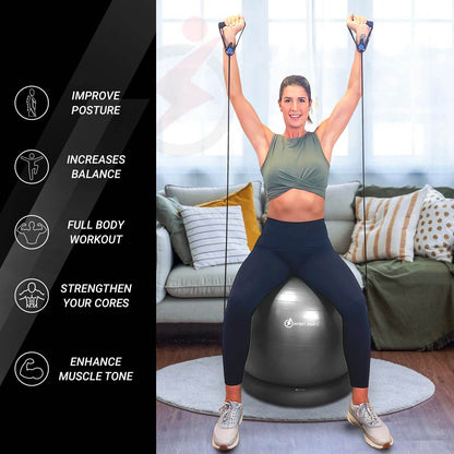 INTENT SPORTS Yoga Ball Chair – Stability Ball with Inflatable Stability Base & Resistance Bands, Fitness Ball for Home Gym, Office, Improves Back Pain, Core, Posture & Balance (65 cm)(Black) - zenfulharmony.com