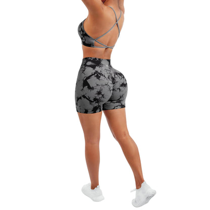 SUUKSESS Women Seamless 2 piece Workout Sets Strappy Padded Sports Bra Booty High Waisted Shorts Outfits (Black Grey,M) - zenfulharmony.com