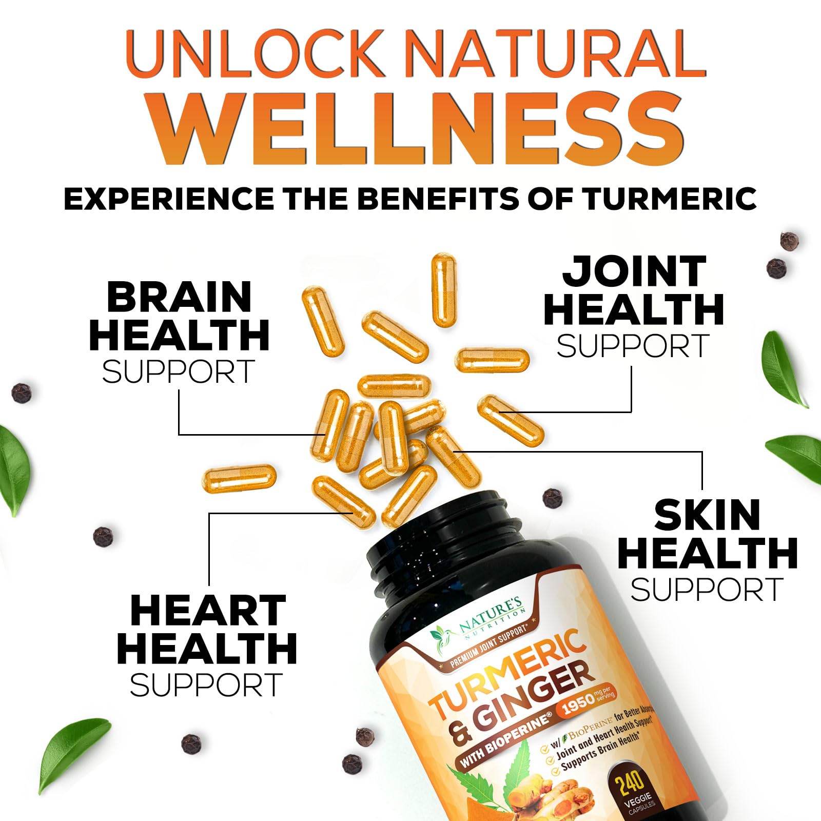 Turmeric Curcumin Supplement 1950mg with Organic Turmeric & Ginger, 95% Curcuminoids, BioPerine Black Pepper for Best Absorption, Nature's Vegan Joint Support, Non-GMO, Bottled in USA - 240 Capsules - zenfulharmony.com