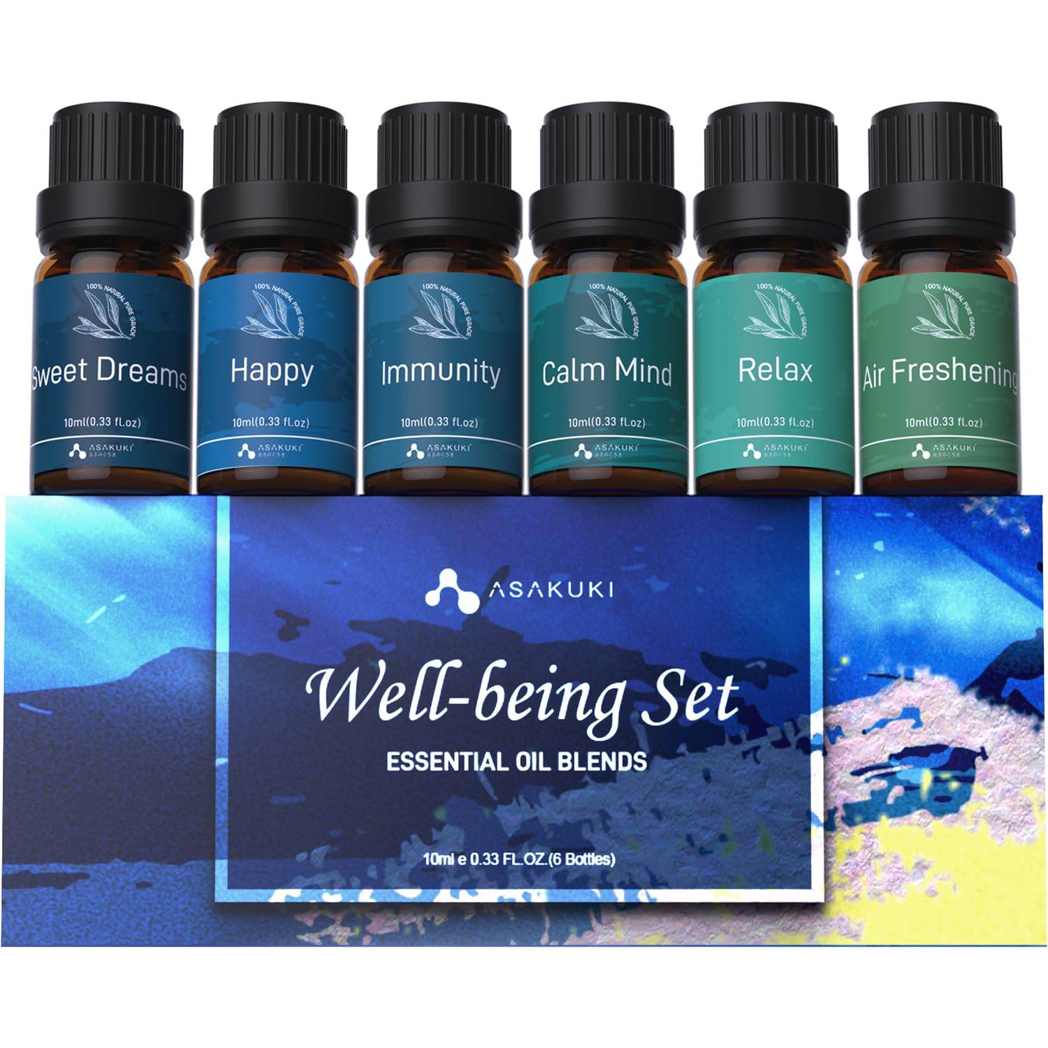 ASAKUKI Essential Oil Blends, Essential Oils Set for Diffusers for Home, Well-Being Kit- Calming, Dreams, Breathe, Relaxing, Mood, Fresh Air Aromatherapy Oils for Humidifiers, Massage, 6x10ml - zenfulharmony.com