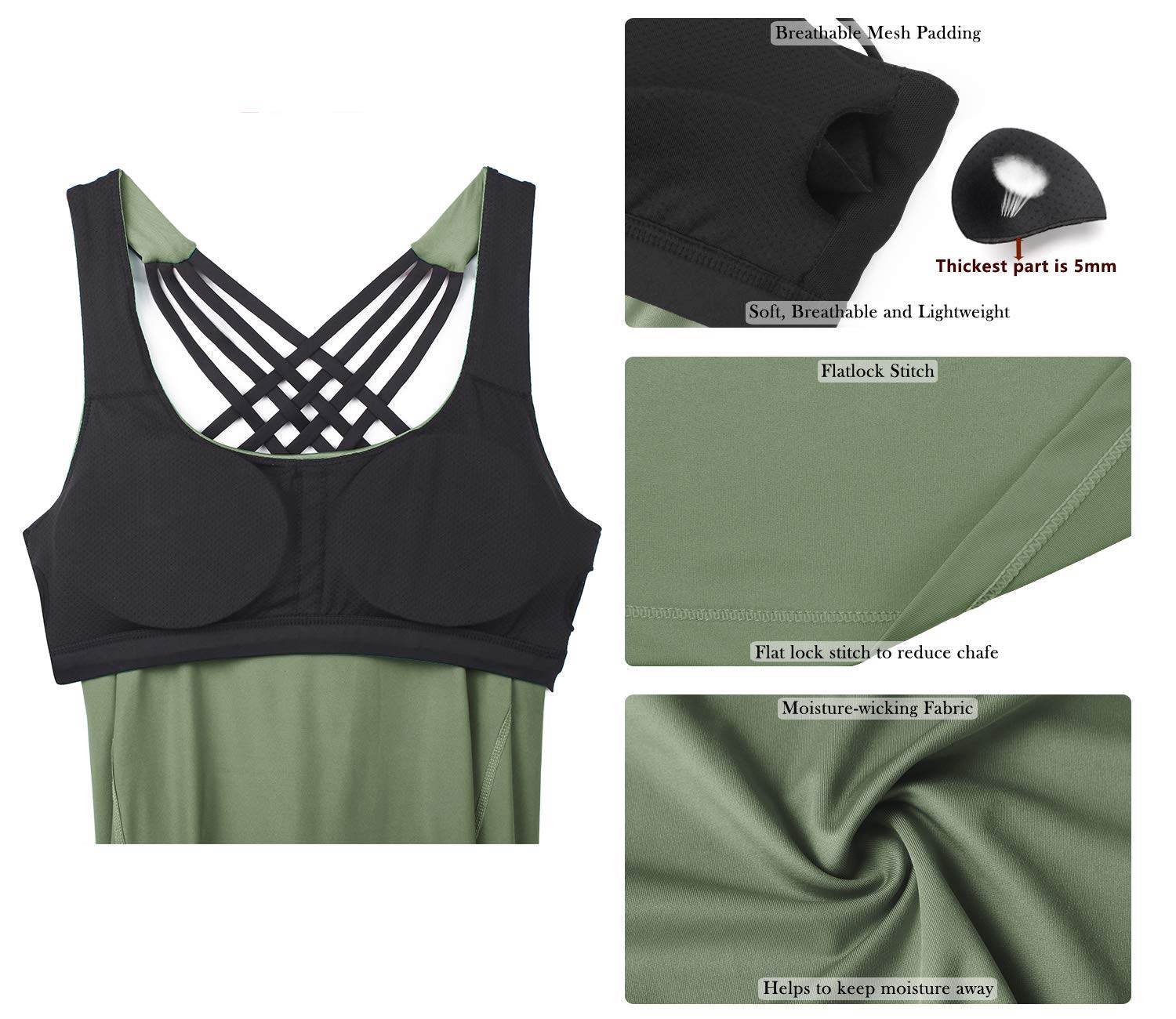icyzone Yoga Tops Workouts Clothes Activewear Built in Bra Tank Tops for Women (M, Olive) - zenfulharmony.com