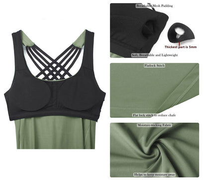 icyzone Yoga Tops Workouts Clothes Activewear Built in Bra Tank Tops for Women (M, Olive) - zenfulharmony.com