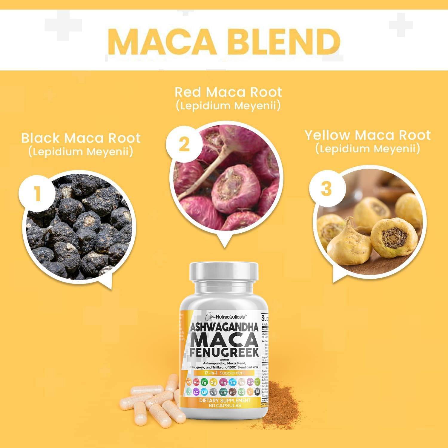 Clean Nutraceuticals Ashwagandha 5000mg Maca Root 2000mg Fenugreek 3000mg Supplement with Tongkat Ali Ginseng - Assists with Stress, Mood & Thyroid - Ashwagandha Capsules Fenugreek Caps - 60 Count - zenfulharmony.com