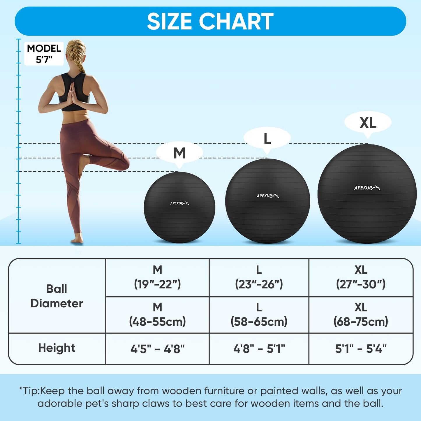APEXUP Yoga Ball Exercise Ball, Anti Slip Stability Ball Chair, Heavy Duty Large Gym Ball for Fitness, Balance, Core Workout and Physical Therapy (L (23"~26") 65cm, Black) - zenfulharmony.com