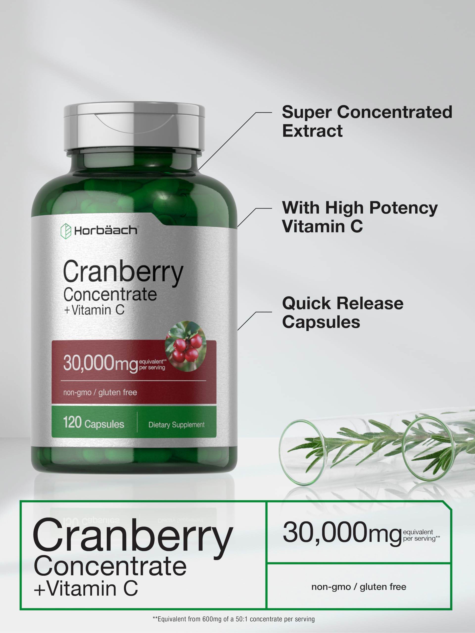 Horbäach Cranberry Pills 30,000mg | 120 Capsules | with Vitamin C | Supplement Contentrate for Women & Men | Vaccinium Macrocarpon | Non-GMO & Gluten Free - zenfulharmony.com