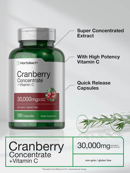Horbäach Cranberry Pills 30,000mg | 120 Capsules | with Vitamin C | Supplement Contentrate for Women & Men | Vaccinium Macrocarpon | Non-GMO & Gluten Free - zenfulharmony.com