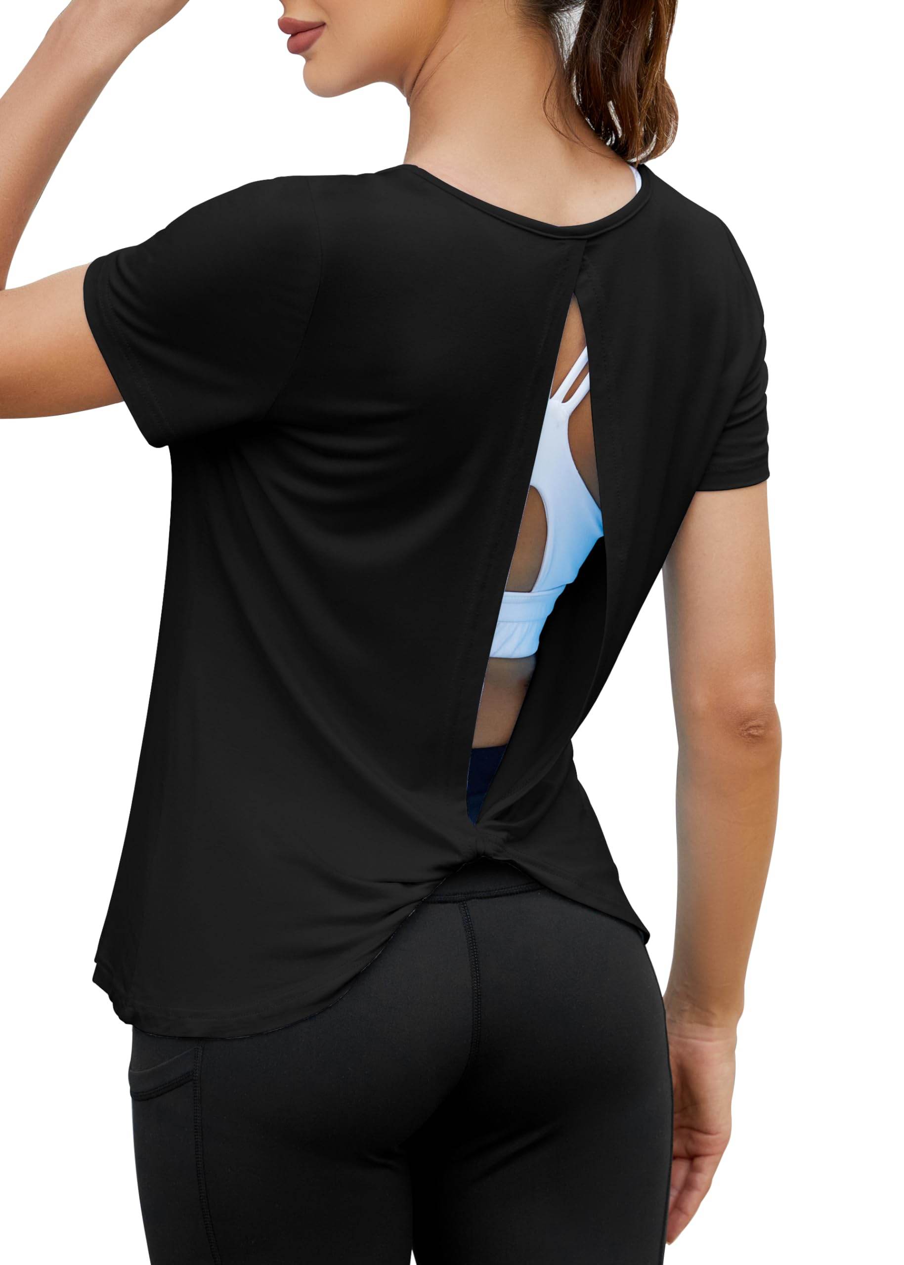 Mippo Backless Workout Top Open Back Shirts Short Sleeve Athletic Yoga Gym Exercise Tees Soft Pilates Hiking Tennis Sports Running Clothes for Women, Black S - zenfulharmony.com