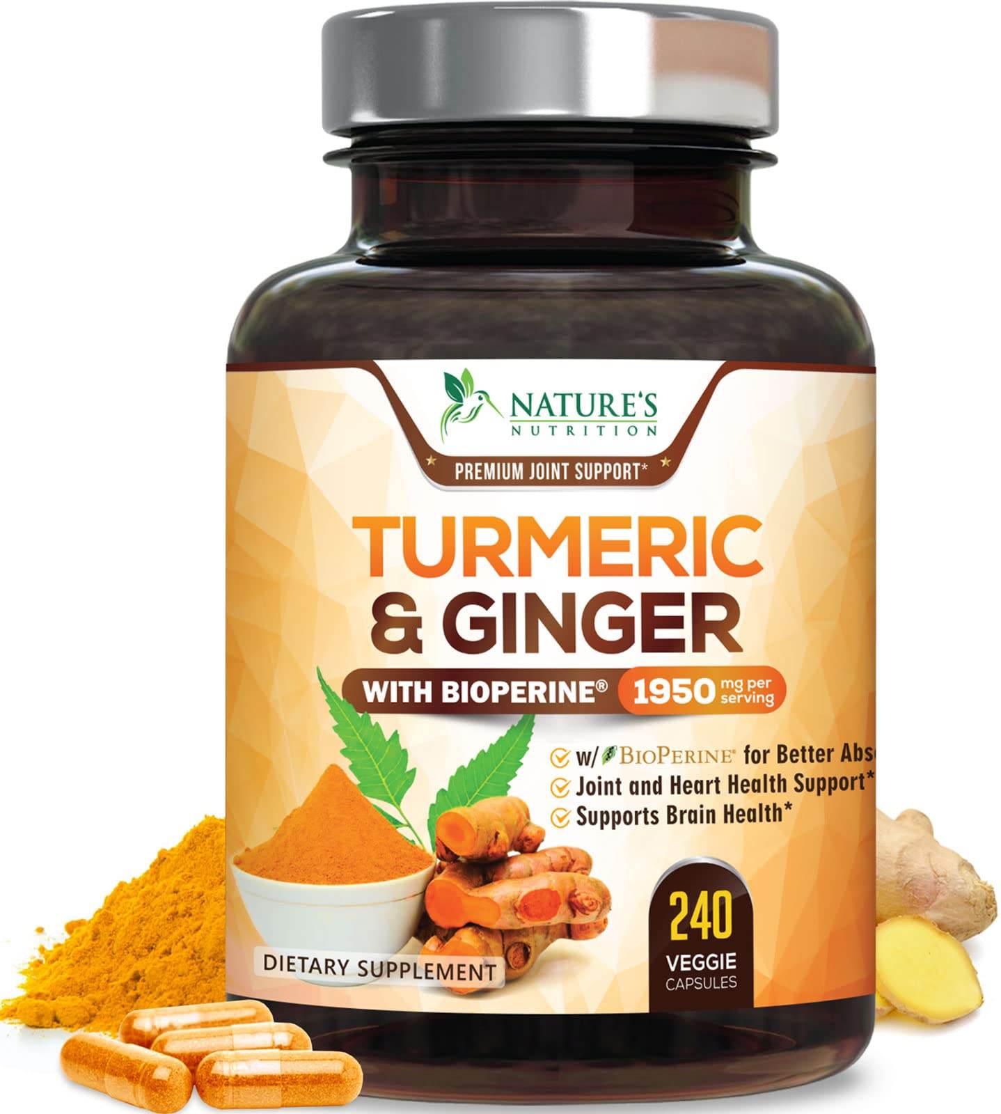 Turmeric Curcumin Supplement 1950mg with Organic Turmeric & Ginger, 95% Curcuminoids, BioPerine Black Pepper for Best Absorption, Nature's Vegan Joint Support, Non-GMO, Bottled in USA - 240 Capsules - zenfulharmony.com