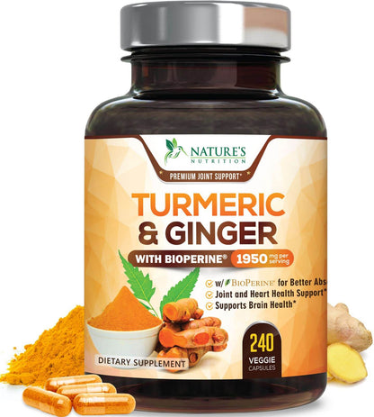 Turmeric Curcumin Supplement 1950mg with Organic Turmeric & Ginger, 95% Curcuminoids, BioPerine Black Pepper for Best Absorption, Nature's Vegan Joint Support, Non-GMO, Bottled in USA - 240 Capsules - zenfulharmony.com