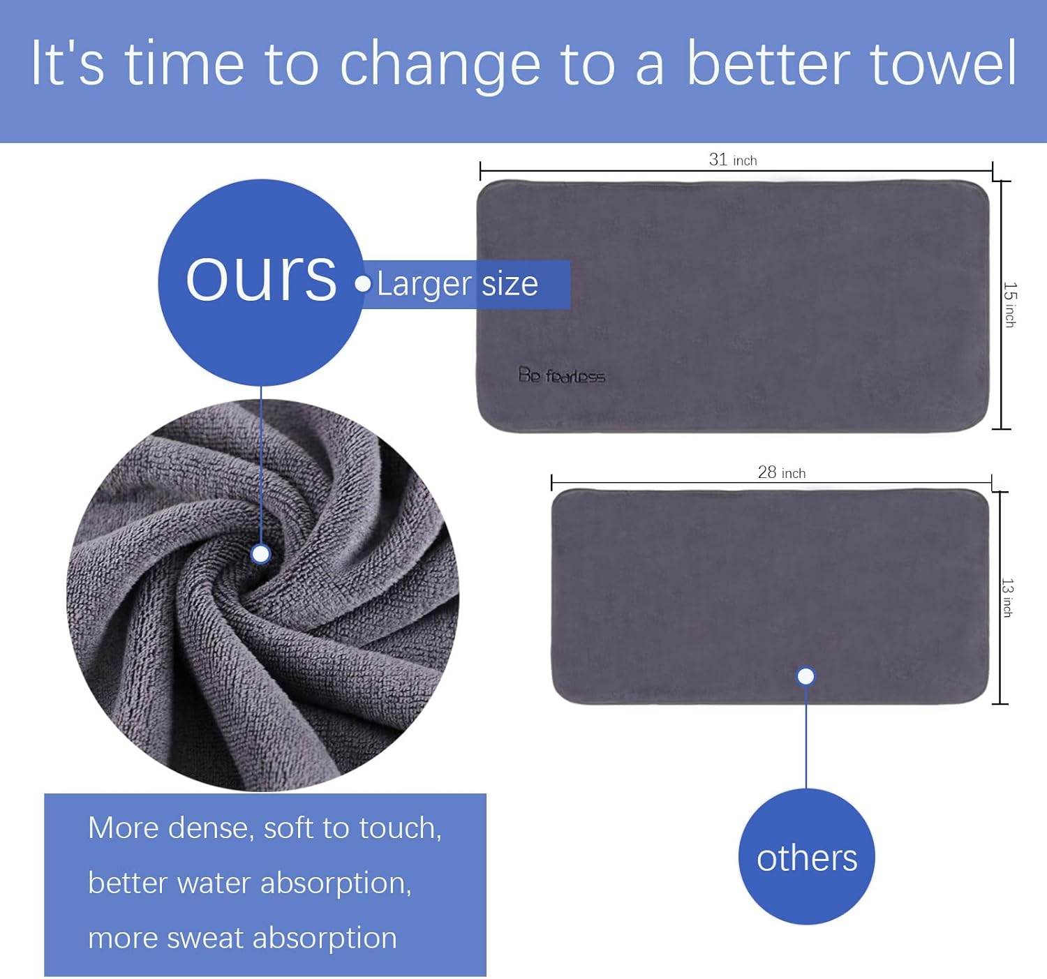 Microfiber Gym Towels Bigger Size Super Soft for Exercise Fitness, Sports, Workout, 380-GSM 15-Inch x 31-Inch Quick-Drying Towels (3 Pack, Grey+Blue+Purple) - zenfulharmony.com