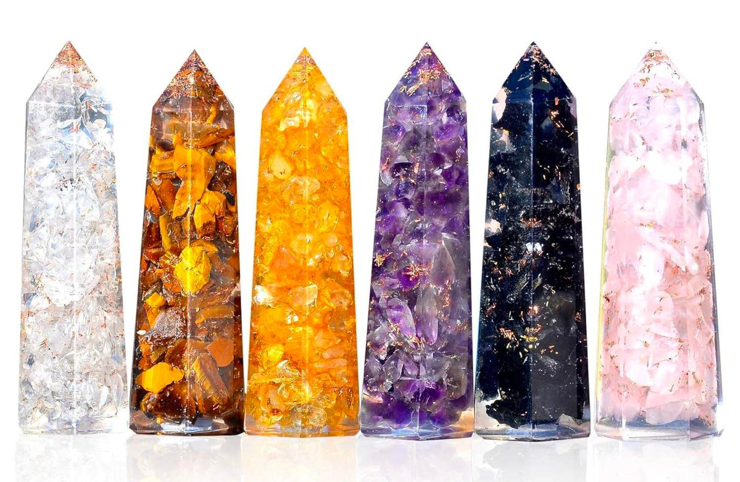 Healing Crystal Wand Set of 6 Orgonite – Includes 3” Amethyst Crystal, Tigers Eye, Rose Quartz, Black Tourmaline Stone, Citrine and Clear Quartz Orgone Crystal Plus Black Tourmaline Necklace - zenfulharmony.com