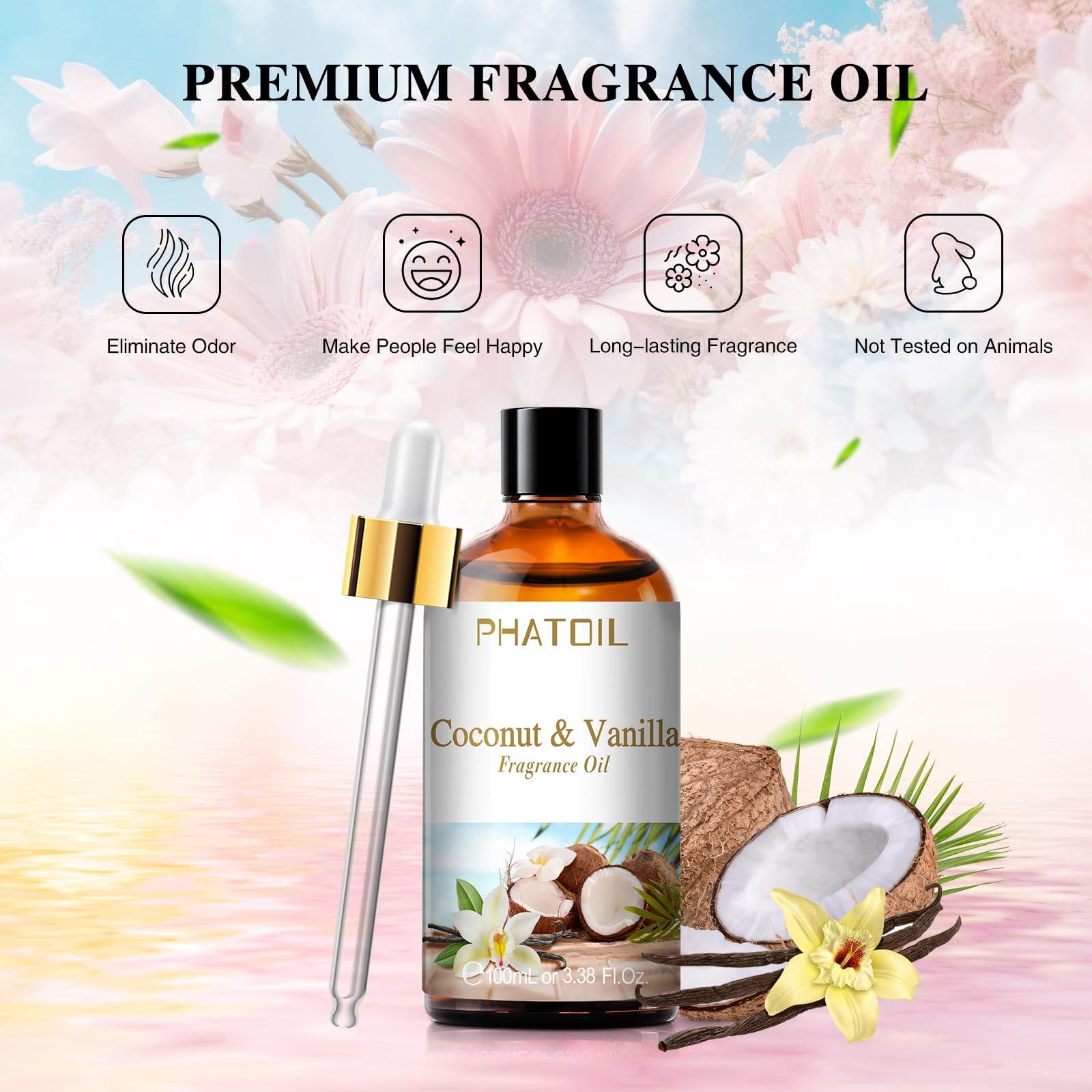 PHATOIL 3.38FL.OZ Coconut & Vanilla Fragrance Oils for Aromatherapy, Essential Oils for Diffusers for Home, Perfect for Diffuser, Yoga, DIY Candle and Soap Making - 100ml - zenfulharmony.com