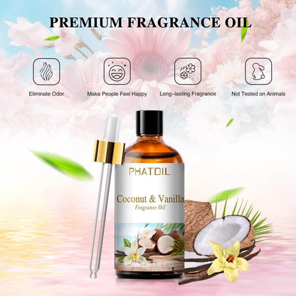PHATOIL 3.38FL.OZ Coconut & Vanilla Fragrance Oils for Aromatherapy, Essential Oils for Diffusers for Home, Perfect for Diffuser, Yoga, DIY Candle and Soap Making - 100ml - zenfulharmony.com
