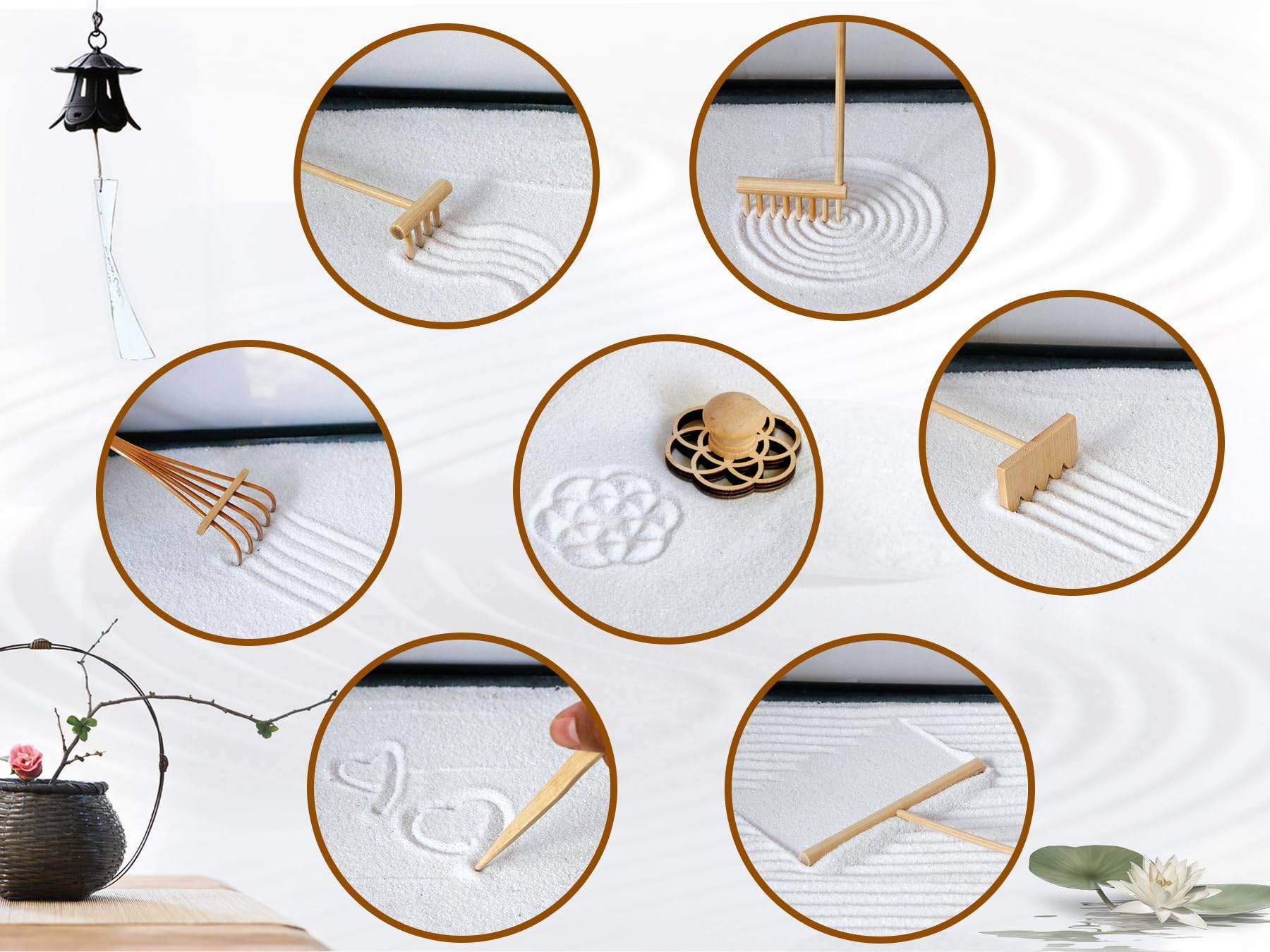Desk Zen Garden Kit - 11x7.5in Mini Rock Garden Zen Gift Set for Home Office Desk Japanese Decor, Zen Sand Garden, 7 Tools, 21 Accessories.Bamboo Sand Tray Therapy Desktop Meditation Room Gifts - zenfulharmony.com