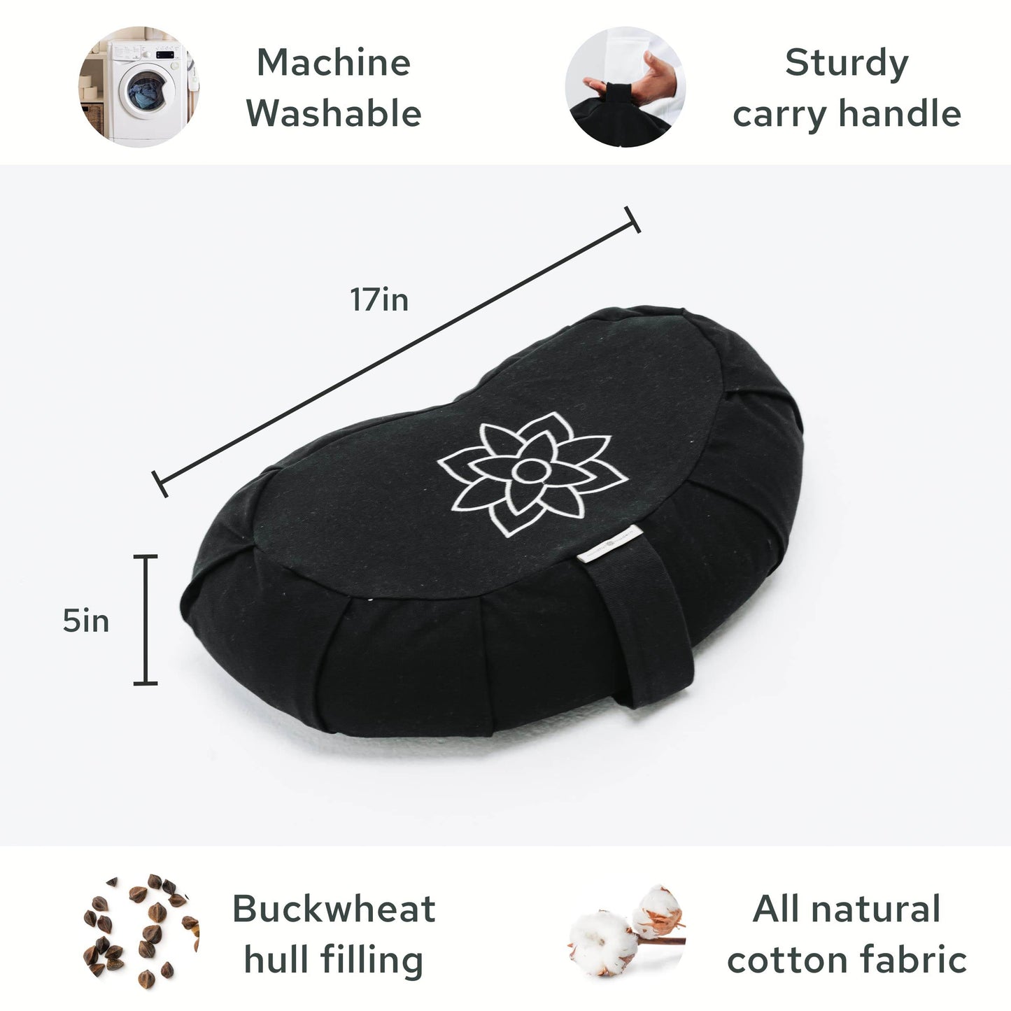 Mindful & Modern Large Meditation Cushion | Zafu Yoga Bolster Meditation Floor Pillow Seat | Buckwheat Hull Filled Crescent Shaped Cushion with Removable Washable Cover + Carry Handle (Minimal Black) - zenfulharmony.com