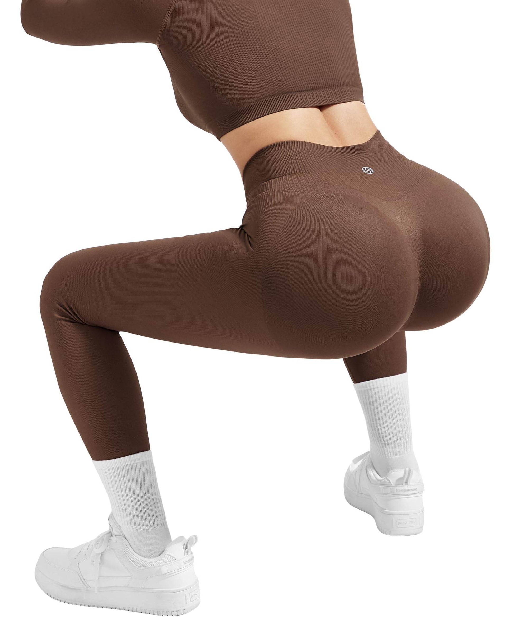 SUUKSESS Women 2 Piece Workout Sets Hidden Scrunch Butt Lifting Seamless Leggings Long Sleeve Yoga Crop Tops High Waisted Yoga Pants (Brown, M) - zenfulharmony.com