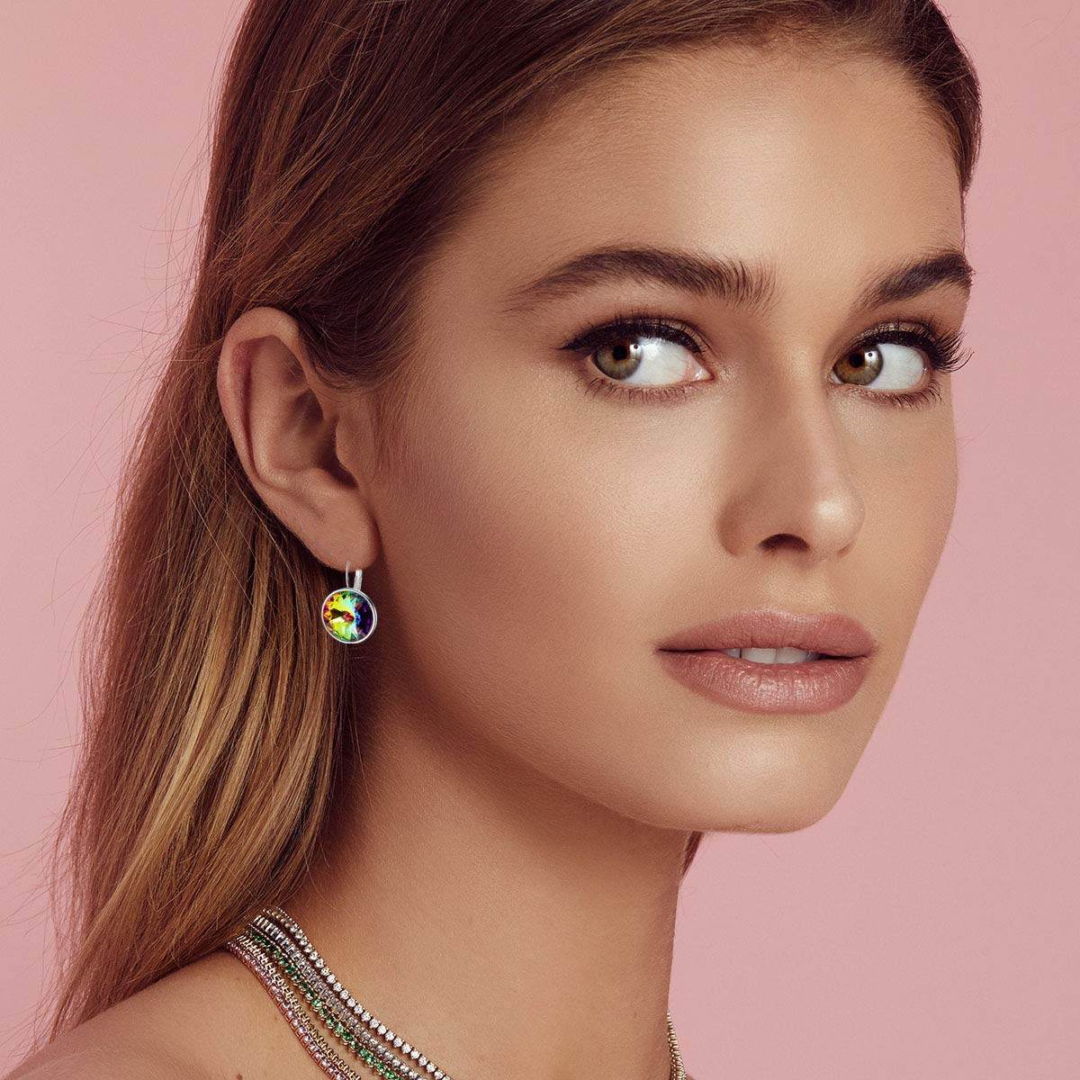Austrian Crystal Round Drop Leverback Earrings for Women 14K Gold Plated Hypoallergenic Hoop Earrings (Rainbow) - zenfulharmony.com