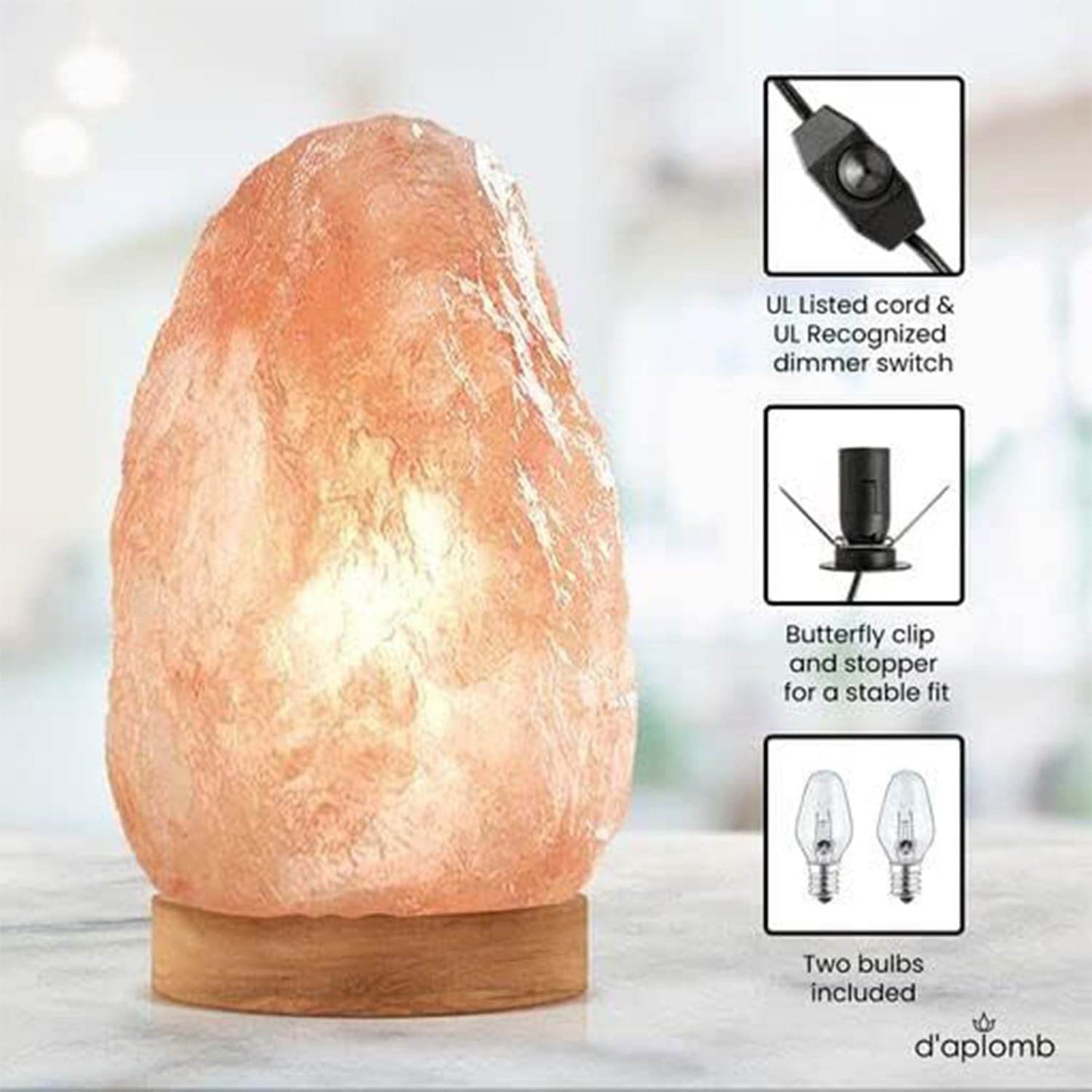 d'aplomb 100% Authentic Natural Himalayan Salt Lamp; Large Hand Carved Natural Chunk Pink Crystal Rock Salt from Himalayan Mountains; Dimmer Cord; 12 lbs - zenfulharmony.com