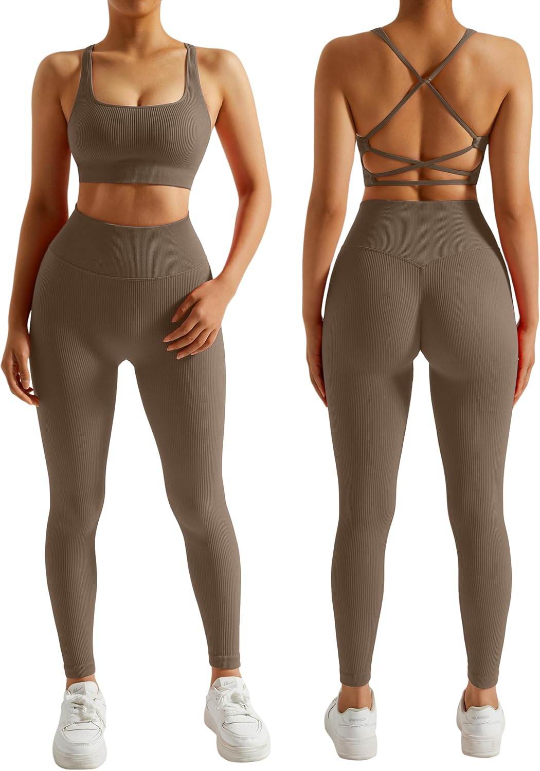 RXRXCOCO Ribbed Workout Sets for Women 2 Piece Backless Strappy Sports Bra Seamless Leggings Matching Set Yoga Outfits - zenfulharmony.com