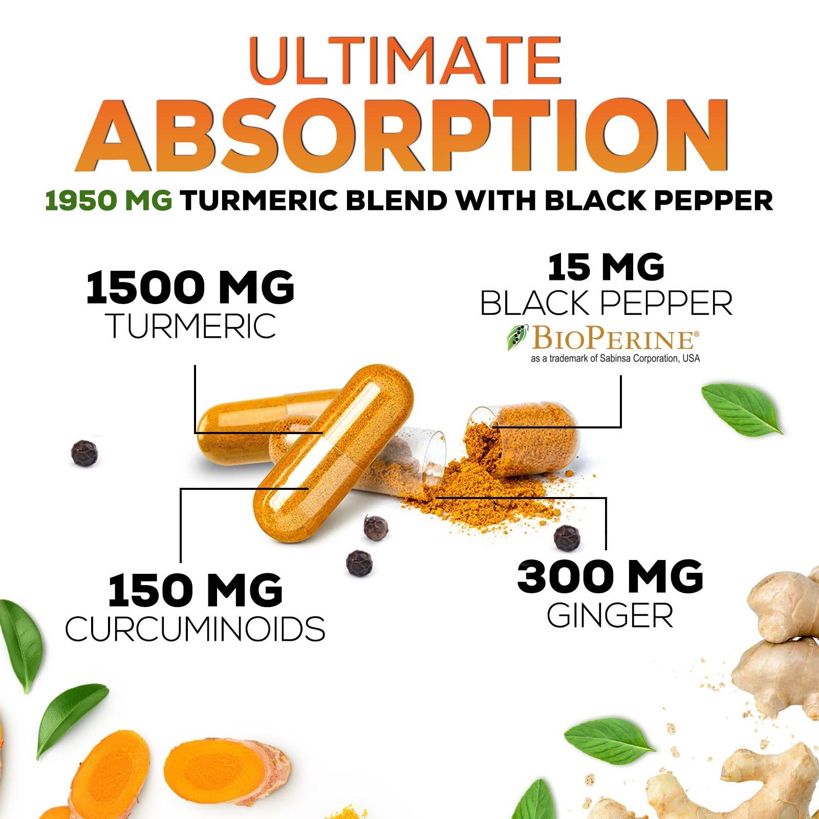 Turmeric Curcumin Supplement 1950mg with Organic Turmeric & Ginger, 95% Curcuminoids, BioPerine Black Pepper for Best Absorption, Nature's Vegan Joint Support, Non-GMO, Bottled in USA - 240 Capsules - zenfulharmony.com