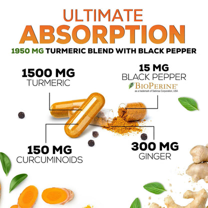 Turmeric Curcumin Supplement 1950mg with Organic Turmeric & Ginger, 95% Curcuminoids, BioPerine Black Pepper for Best Absorption, Nature's Vegan Joint Support, Non-GMO, Bottled in USA - 240 Capsules - zenfulharmony.com