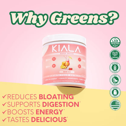 Kiala Nutrition Super Greens, Organic Greens Powder with Spirulina & Chlorella for Digestion, Gut Health, Immunity & Energy, Gluten Free, Vegan, Daily Support for Women, Miami Vice Flavor, 30 Servings - zenfulharmony.com