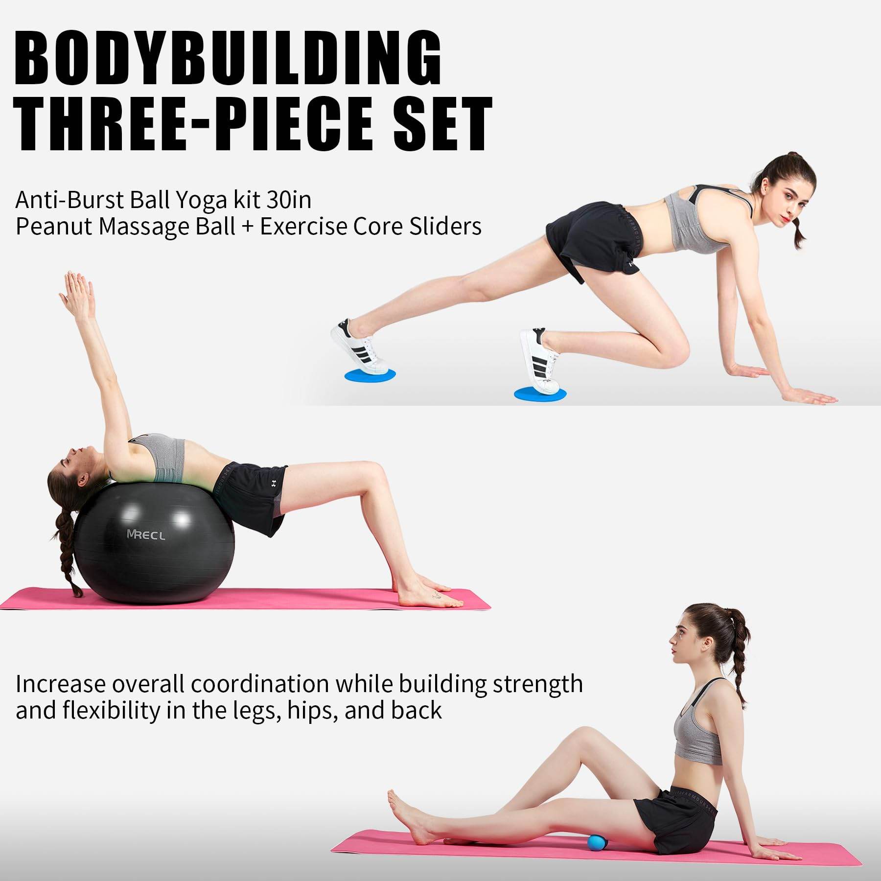 MRELC Ball Yoga kit 30in Anti-Burst with Peanut Massage Ball - Exercise Core Sliders - Slip Resistant Stability Balance Ball for Fitness, Pilater&Yoga - with Quick Pump (Black) - zenfulharmony.com