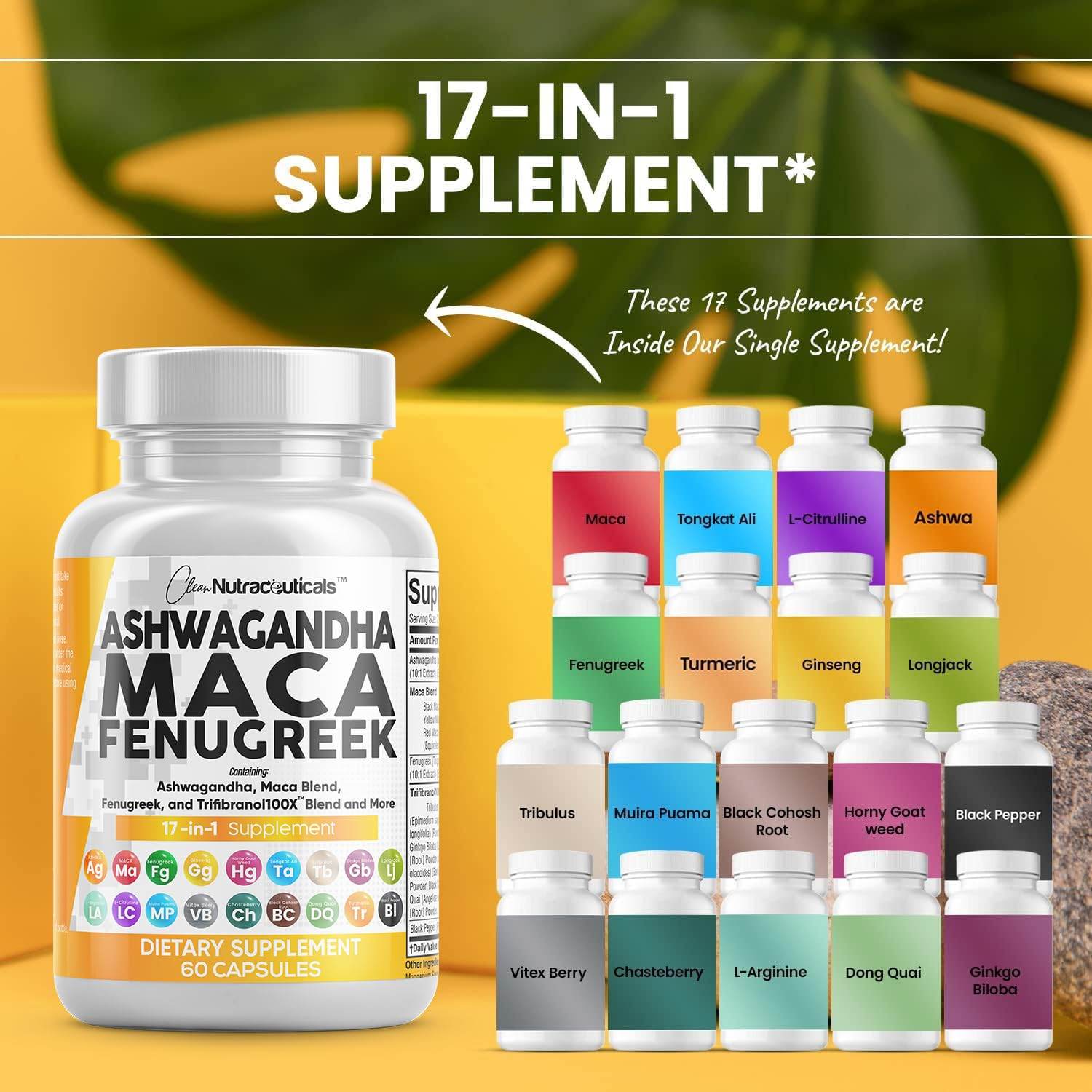 Clean Nutraceuticals Ashwagandha 5000mg Maca Root 2000mg Fenugreek 3000mg Supplement with Tongkat Ali Ginseng - Assists with Stress, Mood & Thyroid - Ashwagandha Capsules Fenugreek Caps - 60 Count - zenfulharmony.com