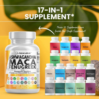Clean Nutraceuticals Ashwagandha 5000mg Maca Root 2000mg Fenugreek 3000mg Supplement with Tongkat Ali Ginseng - Assists with Stress, Mood & Thyroid - Ashwagandha Capsules Fenugreek Caps - 60 Count - zenfulharmony.com