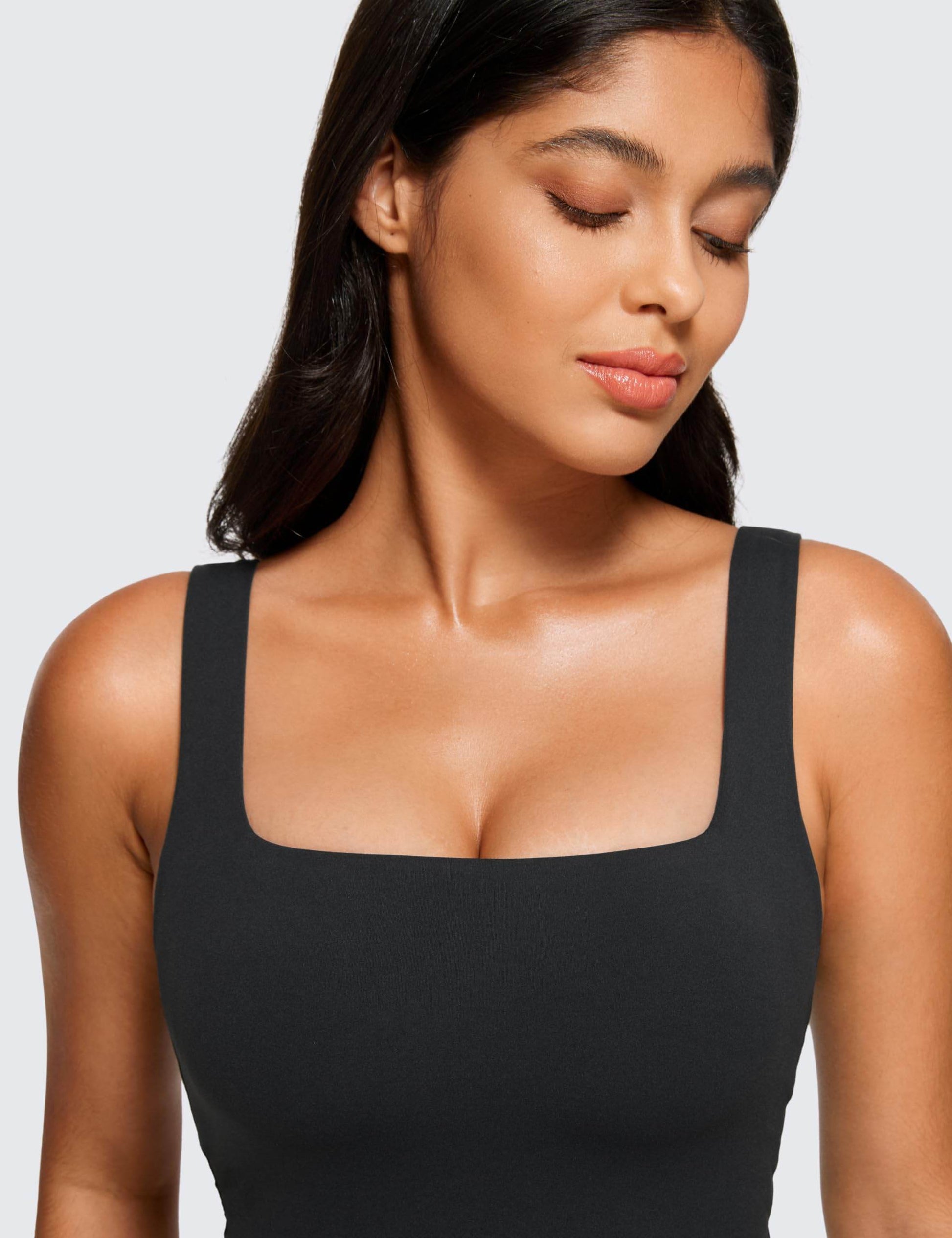 CRZ YOGA Butterluxe Womens Square Neck Longline Sports Bra - Workout Crop Tank Tops Padded with Built in Shelf Yoga Bra Black Medium - zenfulharmony.com
