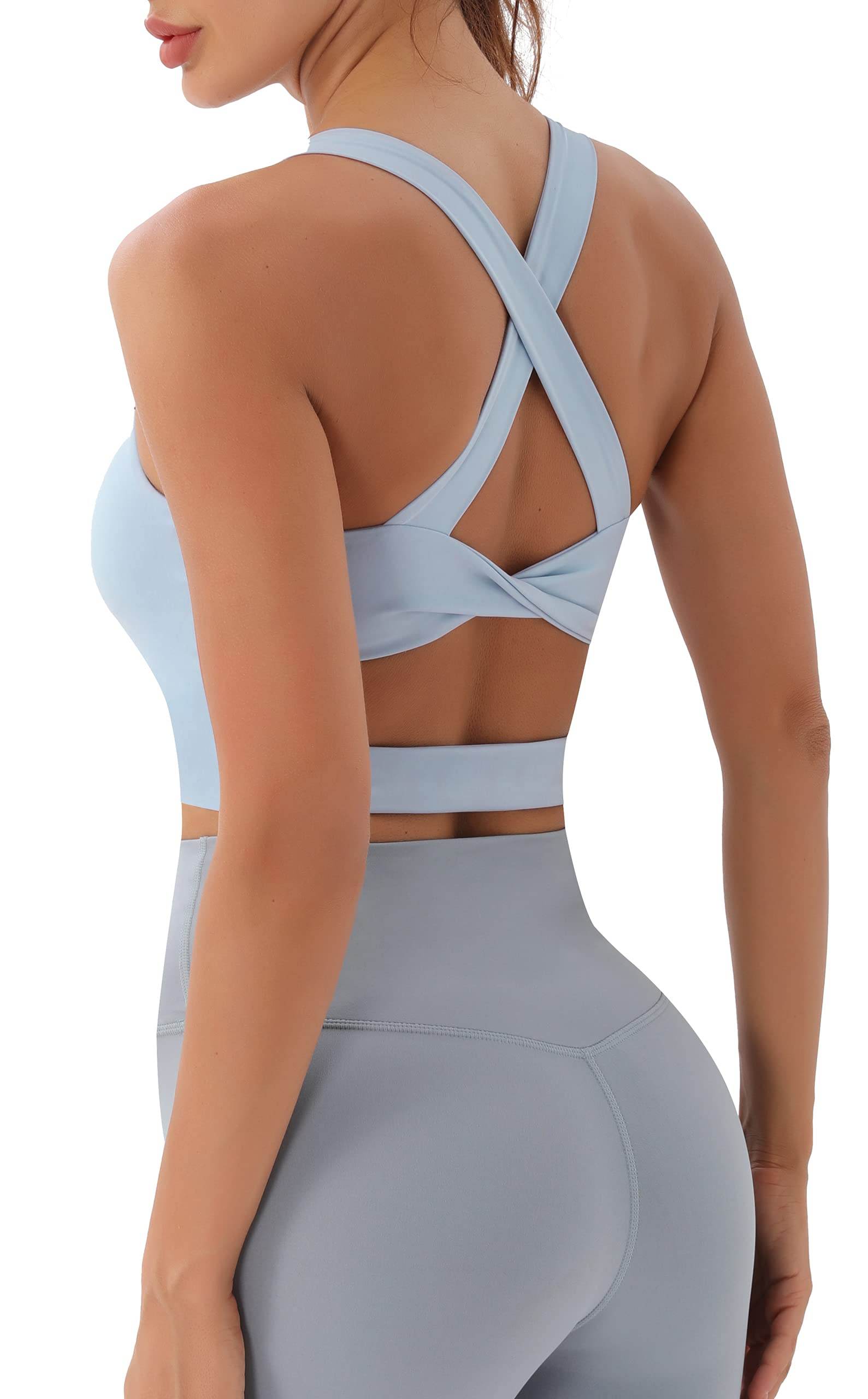 JOYSPELS Sports Bras for Women Extra Comfort Criss-Cross Back Padded Workout Tops for Women Medium Support Light Blue - zenfulharmony.com